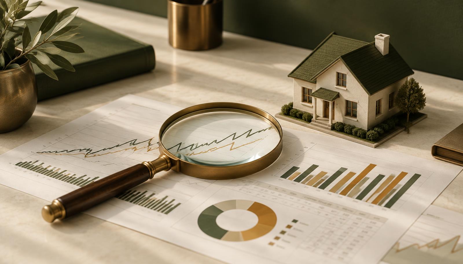 A brass magnifying glass over printed market charts next to a small model house, representing fact-checking real estate agent statistics