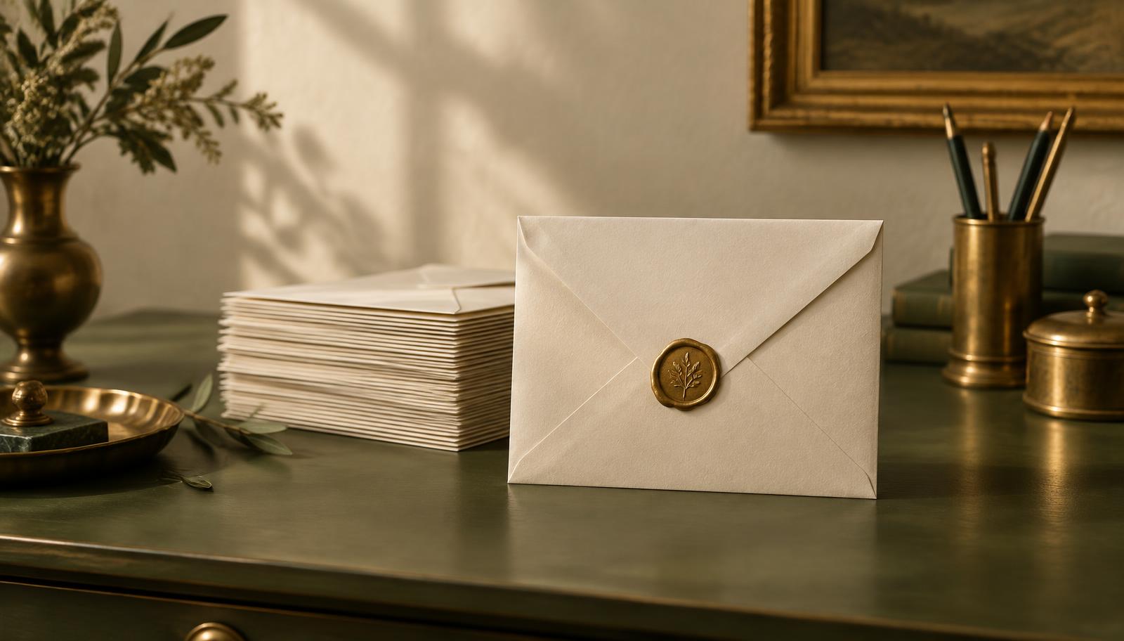 Single cream envelope sealed with gold wax standing before a stack of plain unopened letters