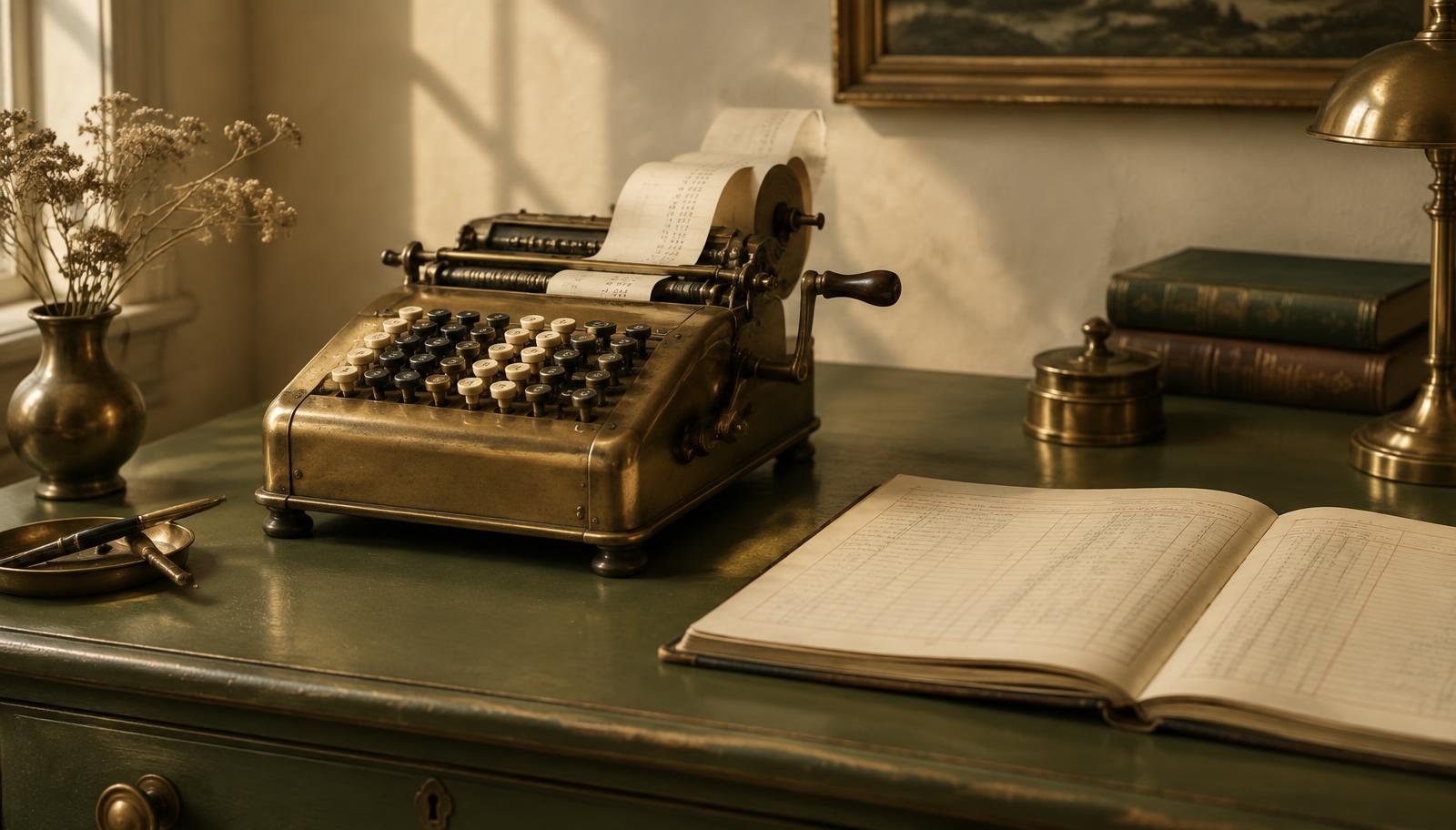Antique brass mechanical adding machine beside an open cream ledger on an olive desk