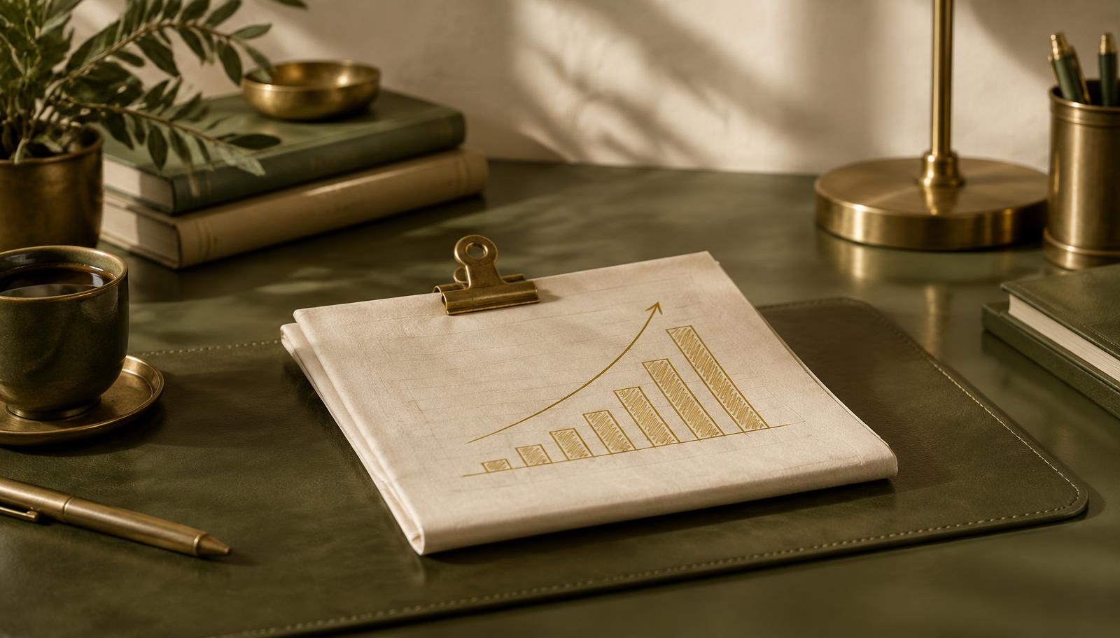 Gold ink bar chart trending upward on a cream market report held by a brass clip