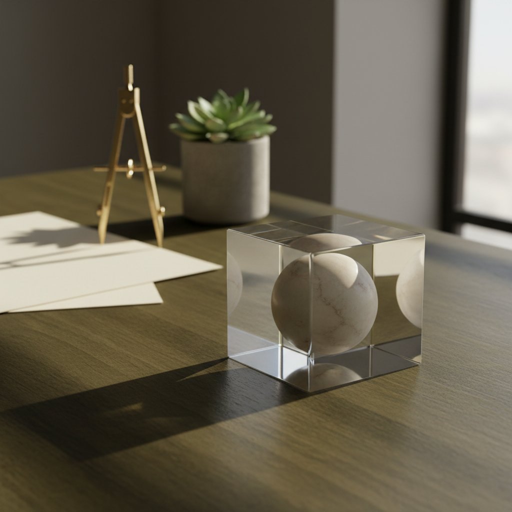 Minimalist still life of a glass cube and marble sphere interlocking on a dark desk, symbolizing a solid strategic partnership and business leverage.