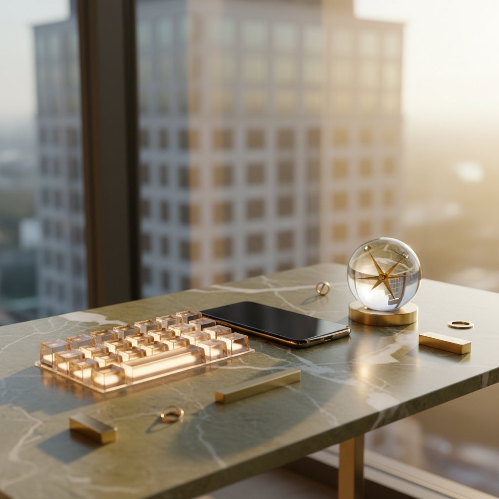 Minimalist marble desk with glowing glass keys, a smartphone, and a crystal compass against a blurred luxury high-rise background in golden light.