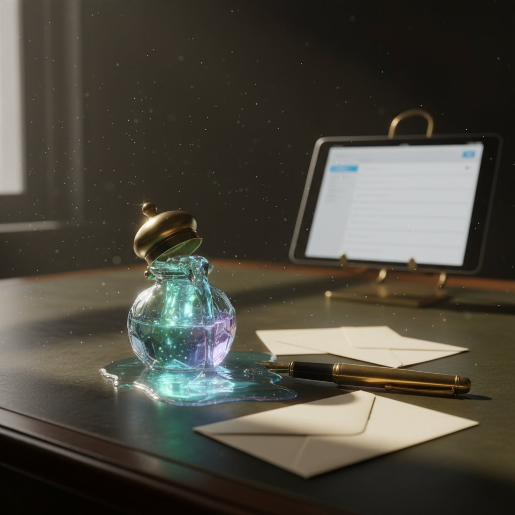 A glowing inkwell and fountain pen on a wooden desk next to a digital tablet, symbolizing the evolution and power of personal communication.