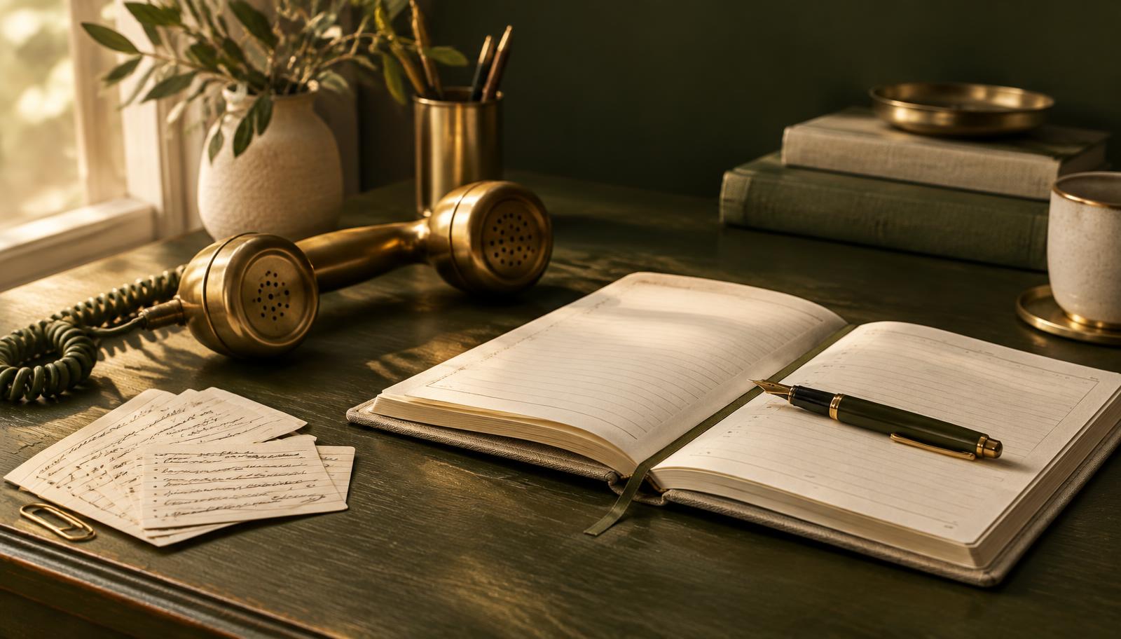 A brass telephone handset resting on an olive desk beside an open linen planner with a fountain pen and handwritten index cards, representing a VA and AI working together in harmony
