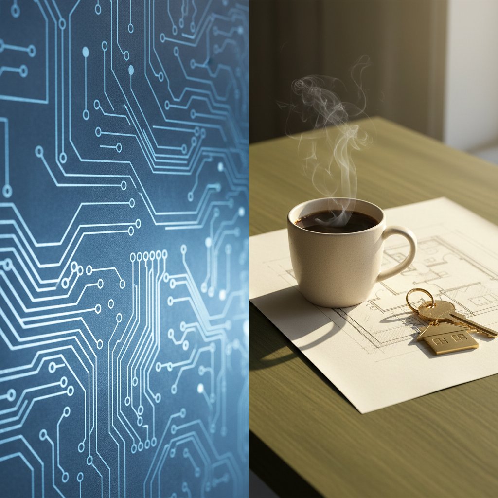 A split composition of glowing blue digital circuits next to a warm wooden desk with coffee, a hand-drawn floor plan, and brass keys.