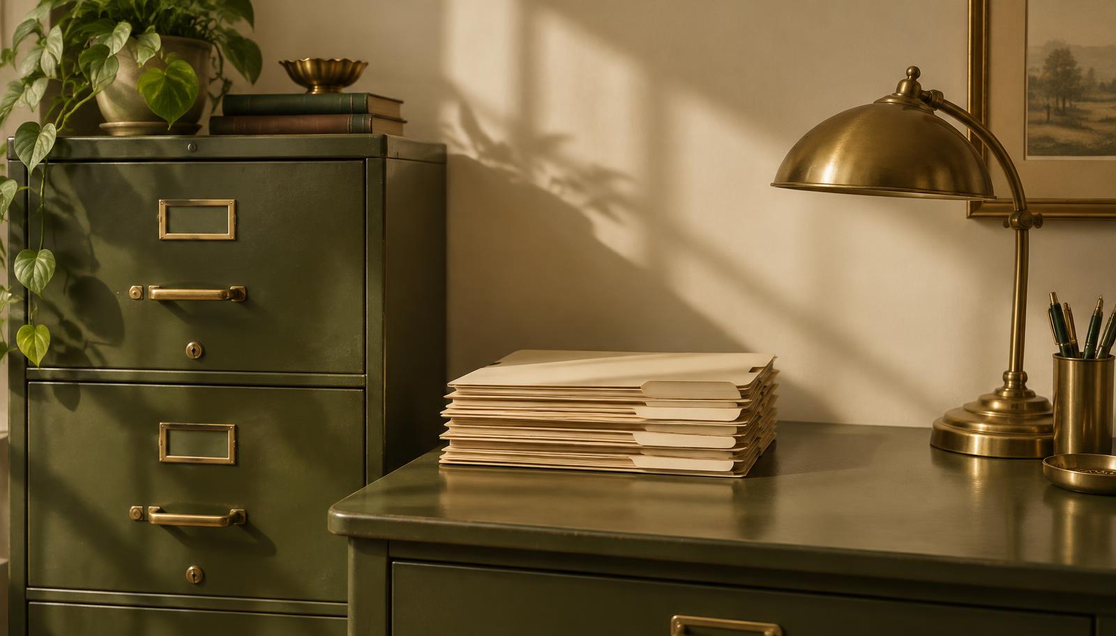Vintage olive-green filing cabinet with neatly stacked cream transaction folders and a brass desk lamp