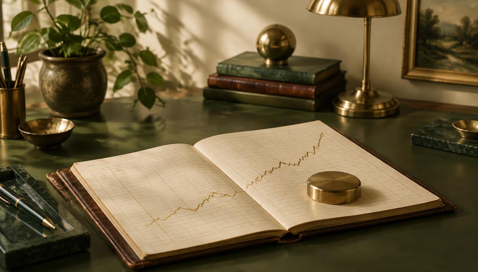 Open leather ledger with a rising gold ink line chart and a round brass paperweight