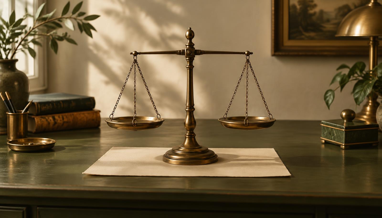 Antique brass balance scale sitting level on an olive desk over a cream sheet of paper