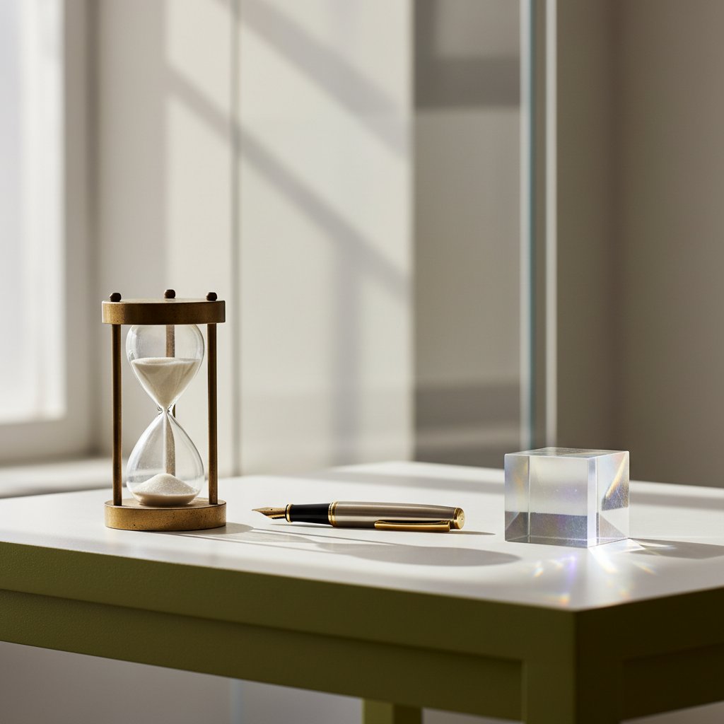 A vintage hourglass and a glowing digital prism side-by-side on a wooden desk, symbolizing the harmony of human-led time management and artificial intelligence.