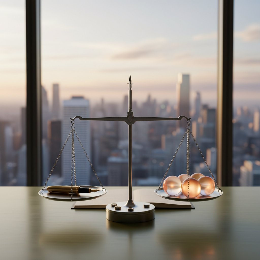 A balanced scale on a desk with a golden pen and glowing glass spheres, symbolizing efficiency and leverage, set against a high-rise city view at sunrise.