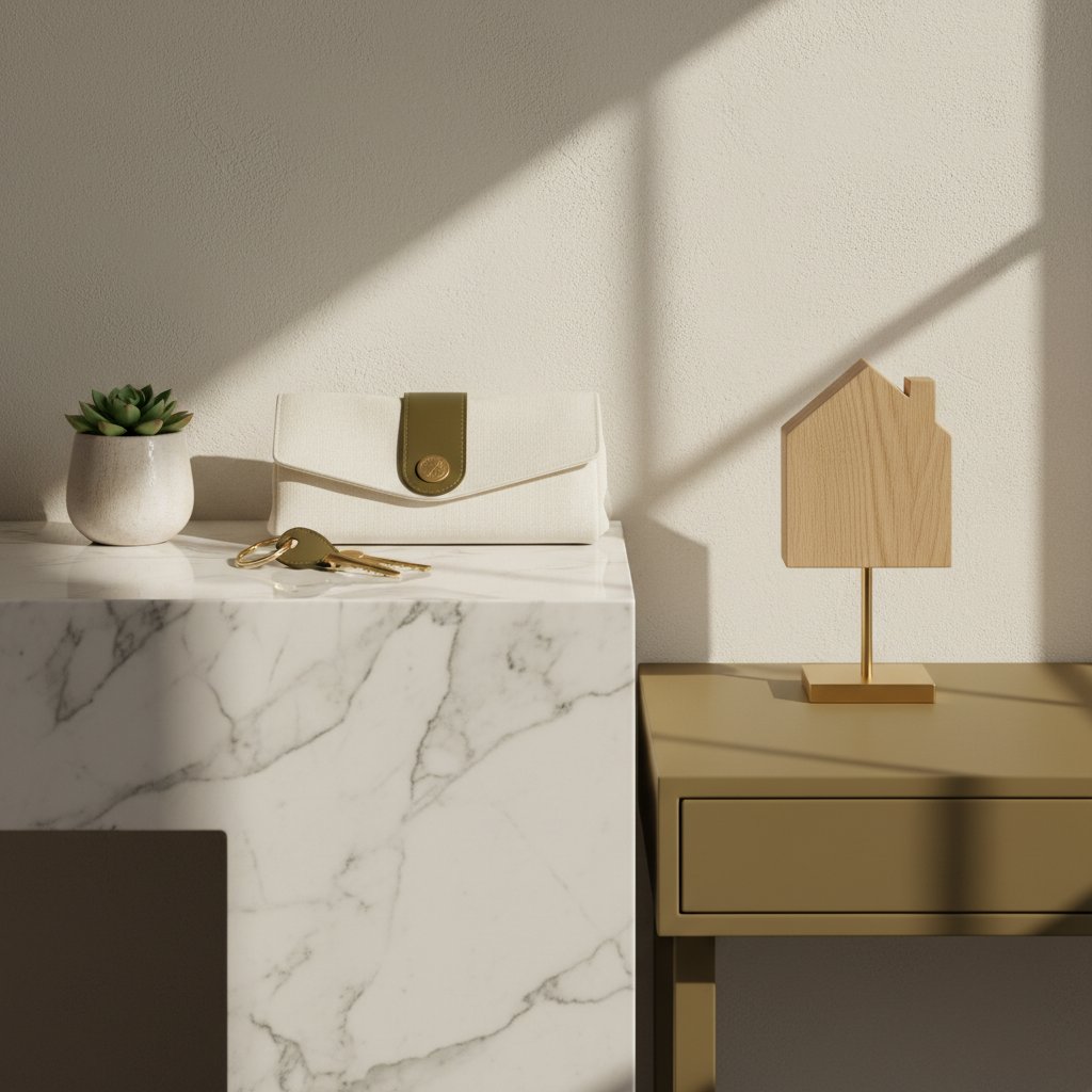 A luxury minimalist still life featuring designer house keys, a premium linen tote, a small succulent, and a wooden house model on a marble surface in warm sunlight.