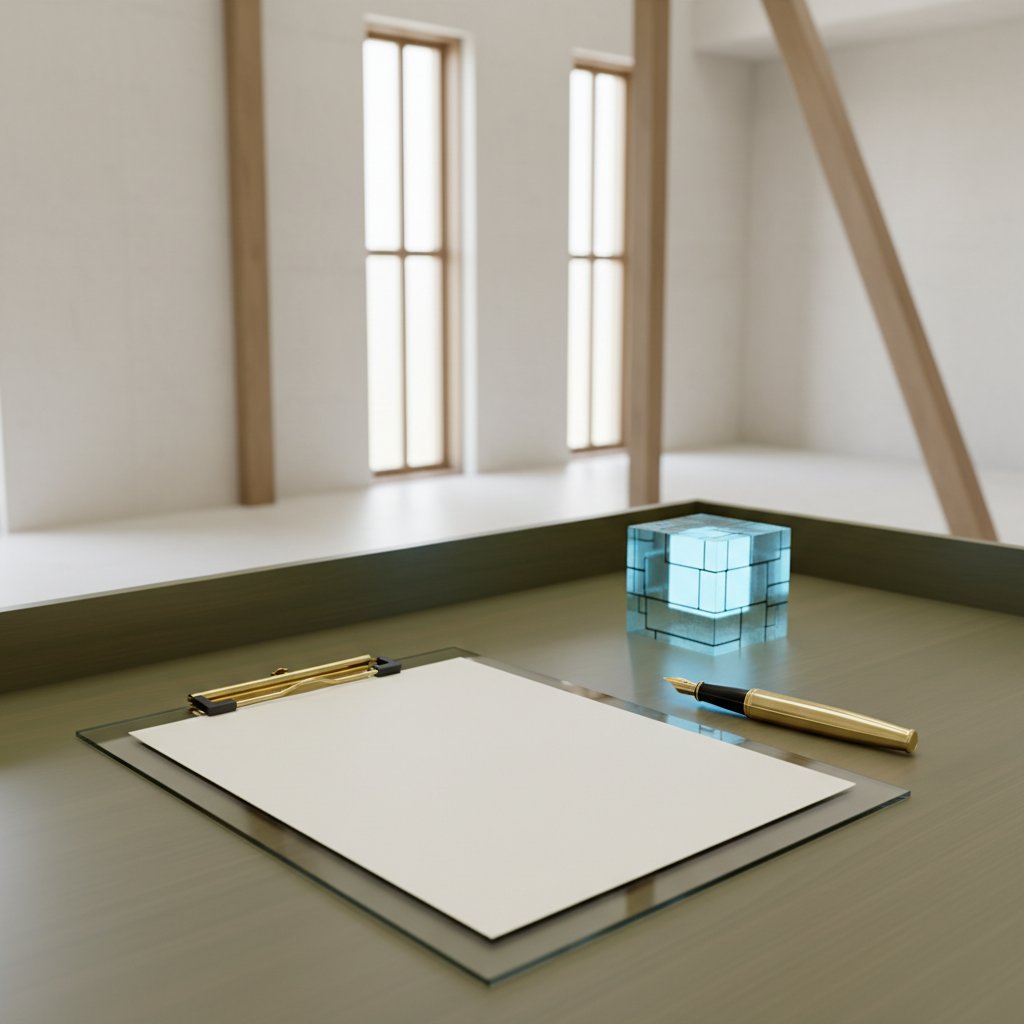 A glass clipboard with a white page and a glowing data cube on a modern desk, symbolizing secure real estate information and data integrity.
