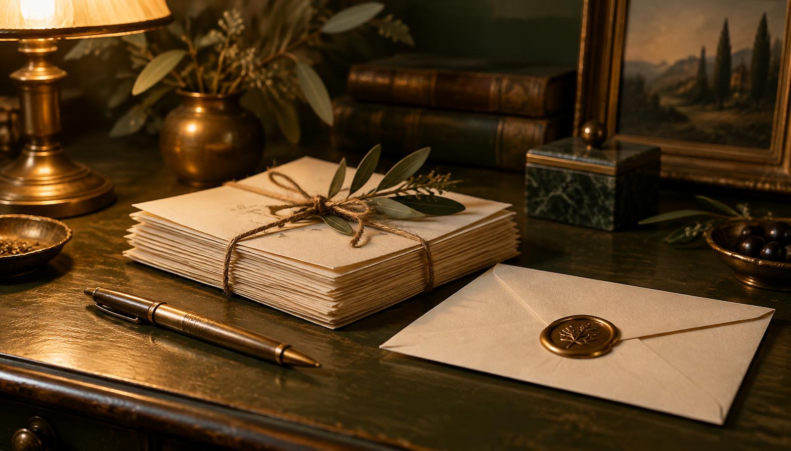 A stack of cream newsletters tied with twine beside a sealed envelope with a gold wax seal on a dark olive wooden desk, lit by a warm brass lamp