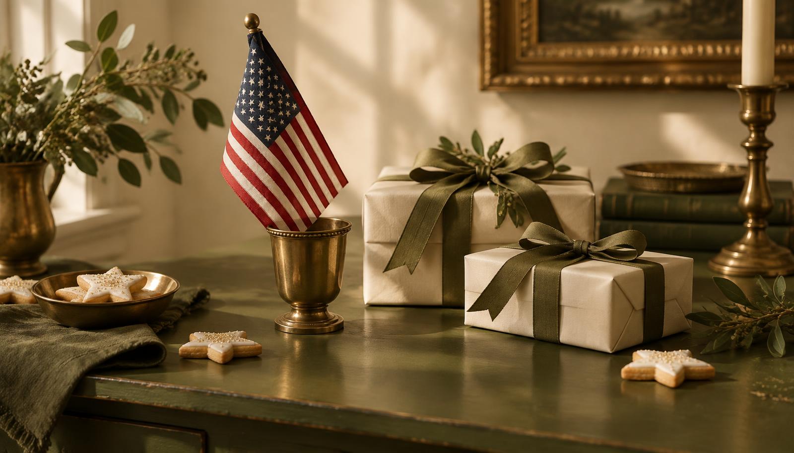 Small American flag in a brass cup beside cream gift boxes tied with olive ribbon and star cookies