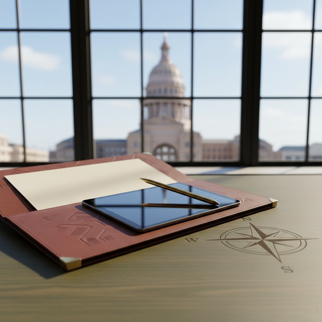A professional desk setup with a tablet and leather portfolio, featuring a subtle Texas capitol silhouette in the background to represent expert real estate leverage.