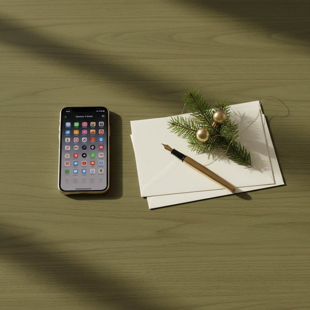 A modern desk with a contact list on a smartphone, festive greenery on a stack of envelopes, and a metallic pen, symbolizing organized real estate holiday card preparation.