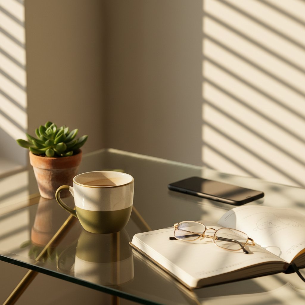 A minimalist office desk with a ceramic mug, glasses on a planner, and a succulent, illuminated by warm sunlight filtering through window blinds.