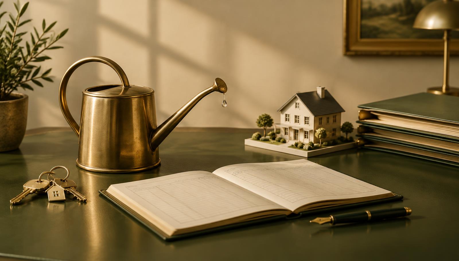 Brass watering can, house keys, ledger, and model home on an olive green desk