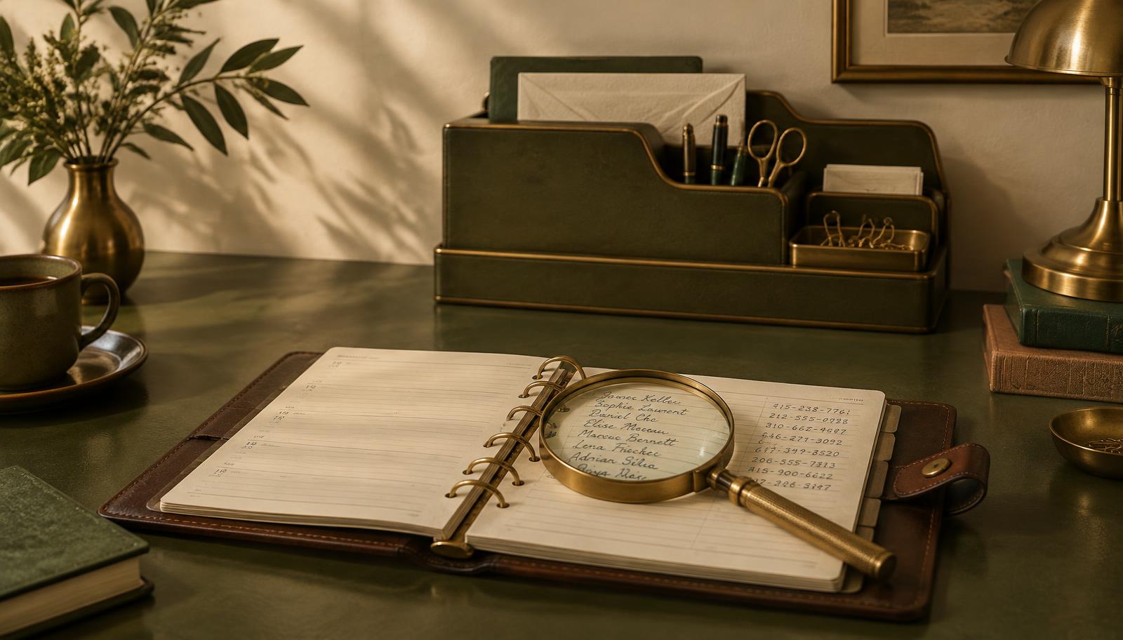 Brass magnifying glass over a handwritten contact list in a leather day planner on an olive desk